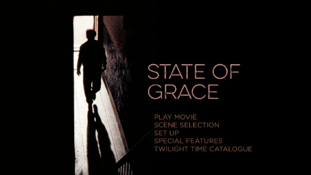 Like other Twilight Time Blu-rays, State of Grace keeps things simple with a basic menu screen adapted from original poster art.