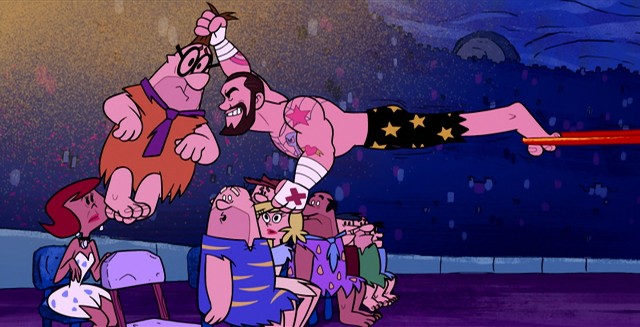 CM Punkrock makes a spectacle during Fred's Saturday Night Spectacular in "The Flintstones and WWE: Stone Age Smackdown."