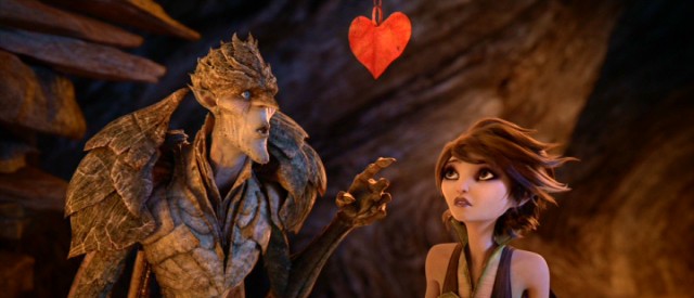 A paper heart hangs over the heads of the Bog King and Marianne, the beauty and beast couple of George Lucas' "Strange Magic."
