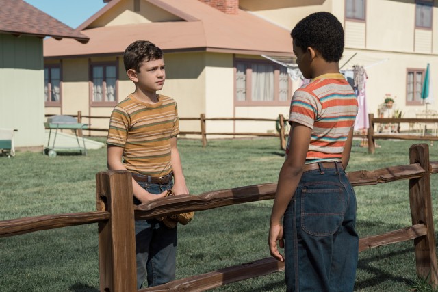 Nicky Lodge (Noah Jupe) bonds with Andy Mayers (Tony Espinosa), the son of the just-moved-in African-American family the rest of Suburbicon has not warmed to.