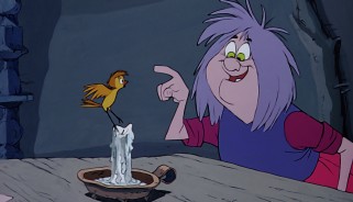 Madam Mim demonstrates her own magic powers to Wart (in sparrow form).
