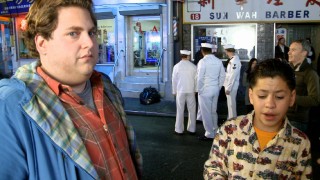 Jonah Hill shoots a knowing look at the B-roll camera while his young co-stars act their age in "The Making of 'The Sitter.'"