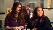 Kat and Mandella (Jolene Purdy) are less than welcoming to spritely girls' bathroom intruder Charlie Woo in "I Want You to Want Me."