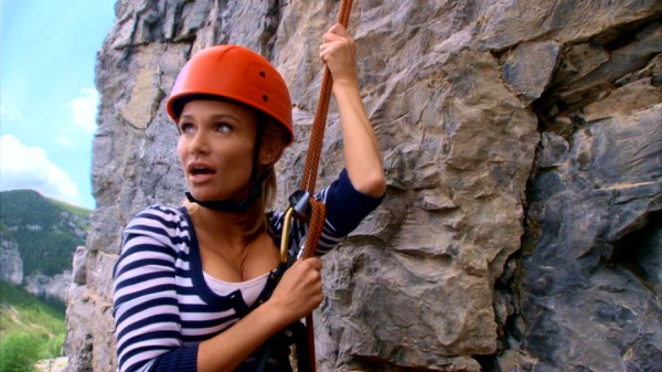 Dressed for "ab-sailing" not abseiling, E.J. (Kristin Chenoweth) experiences dramatic fright on this Montana mountain descent.