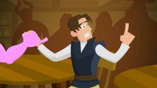 Flynn Rider arm-wrestles a larger woman in one of three promotional "Flynn's Tangled Tales" cartoons.