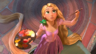 Per her daily routine, homebound Rapunzel does some painting.