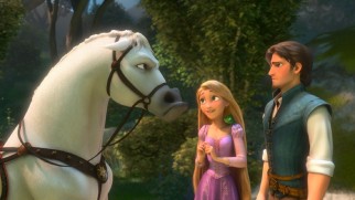 Rapunzel manages to coordinate a truce between palace guard stallion Maximus and his criminal target Flynn Rider.