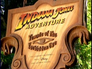 The title sign for Indiana Jones Adventure: Temple of the Forbidden Eye, the 1995-opened attraction that Baxter considers among his greatest professional achievements.