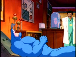 After seeing "Ants in Pants!", The Tick opts for some discount counseling of the highly amusing variety, when he lies down and opens up to shrink head Captain Sanity and his up-dressing assistant Taft.