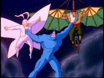 The Tick grasps onto both Arthur and a pedaling Leonard Da Vinci to stay airborne.