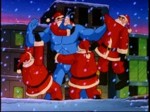 Reluctant to strike Jolly Old Saint Nick, The Tick wrestles with four clones of Multiple Santa. It's like "Jingle All the Way", only much better.