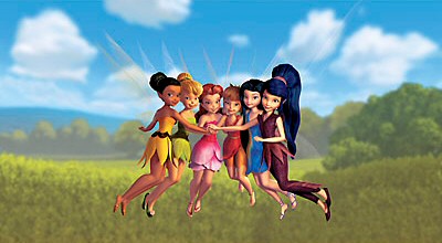 Tinker Bell huddles together with her fairy friends of Pixie Hollow: Iridessa, Rosetta, Fawn, Silvermist, and Vidia.