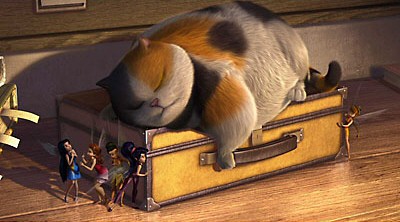 Tink's fairy friends encounter a fat cat asleep on a suitcase in the human house. Better sleepy than cranky!