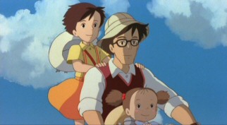 Satsuki, Mei, and their father take a leisurely bicycle ride for a look at their new surroundings.