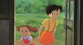 Mei and Satsuki cautiously peer into their new home, wary of any potential spirits that may be lurking about.