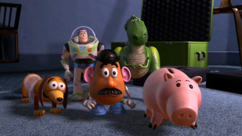 Wait, we have to make another one of these movies?, ask Slinky Dog, utility belt-wearing deluded Buzz Lightyear, Mr. Potato Head, Rex, and Hamm after making it all the way to Al's home office to rescue their pal.
