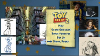 The 16x9 main menu on the 2010 Toy Story 2 DVD roughly approximates the Blu-ray disc's main menu.