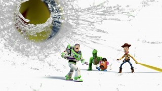 Among the interstitials showcased in the "Grab Bag" is this one of Woody accidentally swinging the Luxo Jr. ball into the camera lens.