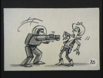 Buzz aims his not-so-deadly laser at Woody in this story reel of their first meeting.