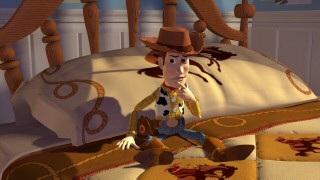 Still from 2010 Blu-ray - click to view screencap at full size. Woody comes to life realizing Andy's birthday party has been moved to today.