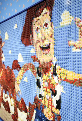 Close-up of the Woody section of the Toy Story Lego mural.