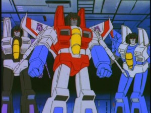 Starscream and two other Decepticons make a grand entrance into the Witwickys' power plant.