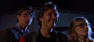 Former co-workers and current acquaintances Alan (Bruce Boxleitner), Flynn (Jeff Bridges), and Lora (Cindy Morgan) break into ENCOM after dark in Disney's original 1982 "Tron."