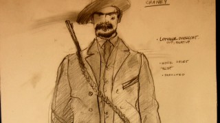 This costume design sketch from "Dressing for the 1880s" sets a model of uncleanliness for Josh Brolin to try to live up to.