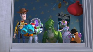 Woody, Buzz, Rex, Bo Peep, and Mr. Potato Head scope out the dangerous activities afoot at next door neighbor Sid's house.