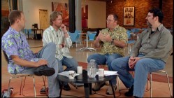 Pete Docter, Andrew Stanton, John Lasseter, and Joe Ranft gather at a tiny roundtable for "Filmmakers Reflect."