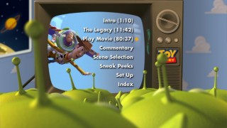 The little green aliens watch an animated montage in Disc 1's Main Menu.