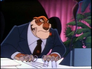 The morally ambiguous tycoon tiger Shere Khan shows his displeasure with some nail scratching.