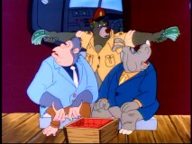 Baloo tries to lure Trader Moe's dim-witted gorilla and rhinoceros goons with money in "Double or Nothing."