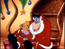 At the "North Pole", Molly sits on the lap of Santa (Louie) in "A Jolly Molly Christmas."