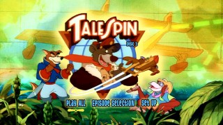 The TaleSpin Volume 2 DVD's main menu: The side characters, front grass, and backdrop color change for each disc, but the idea is the same.