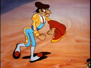 A bullfighter who can't get his bull to fight. Notice any resemblance to a famous person?