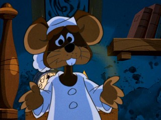 Like he's approaching a tall piece of cheddar, Father Mouse (voiced by George Gobel) starts from the top, despite this special supposedly being "told and sung by Joel Grey."