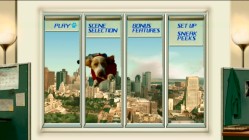 The window of an office building is the setting of the animated main menu, on which Underdog flies by and talks.