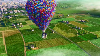 Thousands of vibrant helium balloons lift Carl's house up, up, and away over cities and farmland.