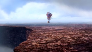 Carl Fredricksen's balloon-lifted house floats above a South American tepui near his intended destination Paradise Falls.