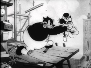 Pegleg Pete has long been Mickey's nemesis. Here, in the Oscar-nominated "Building a Building", he strangles the little guy.