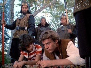 In the presence of Kublai Khan (Genghis' grandson), Jeffrey and Phineas prostrate themselves and try to avoid eye contact.