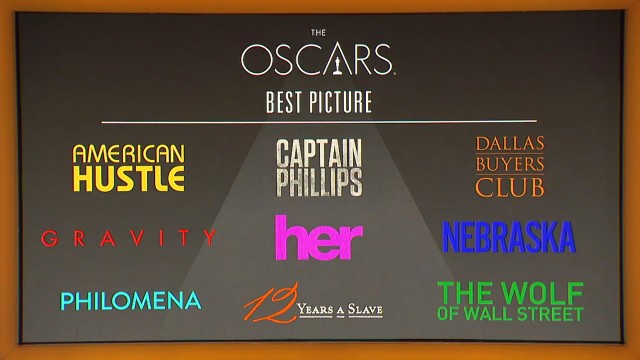 Title logos for the nine films nominated for the 2013 Academy Award for Best Picture.