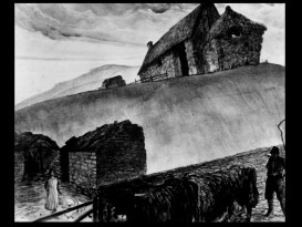 This production design sketch visualizes Hannay on the run.