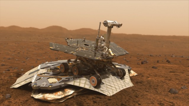 In "Mars 3D", computer animation shows us what a Mars rover would look like roving around Mars.