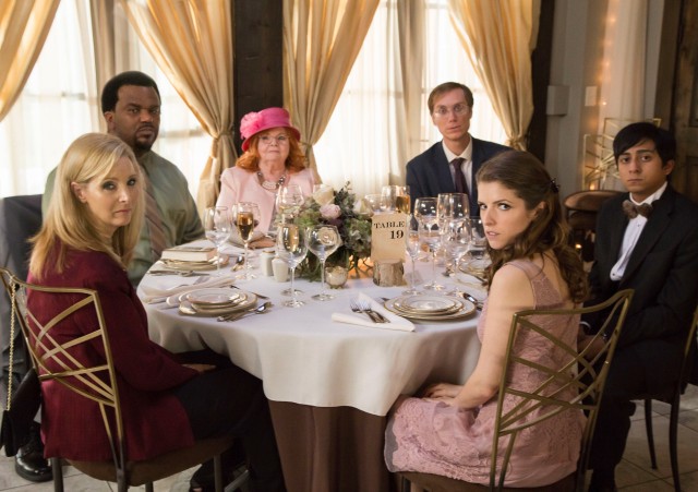 Social pariahs (Lisa Kudrow, Craig Robinson, June Squibb, Stephen Merchant, Anna Kendrick, and Tony Revolori) share Table 19 in the wedding comedy "Table 19."