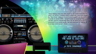 The twelve songs featured in the Music Boombox each get a page of information. In this case, Pete Townshend himself seems to have written a note about his E. Cola mix of "Let My Love Open the Door" to someone named Kathy.