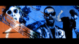 Juicy J. Moxie, Ty dolla Sign, and Wiz Khalifa rap in the "Shell Shocked" music video.