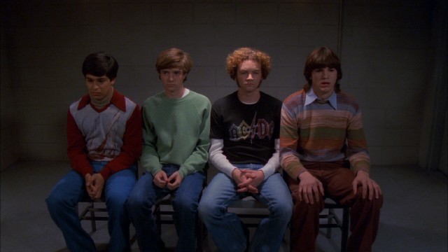 The guys of "That '70s Show" (Wilmer Valderrama, Topher Grace, Danny Masterson, and Ashton Kutcher) are arrested for driving a stolen car.