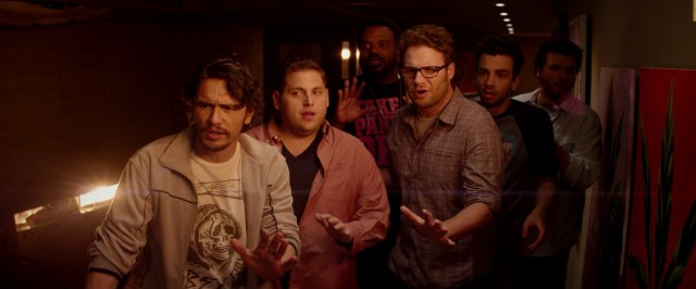 In "This Is the End", six actor friends (James Franco, Jonah Hill, Craig Robinson, Seth Rogen, Jay Baruchel, and Danny McBride) try to survive the apocalypse holed up in Franco's new house.